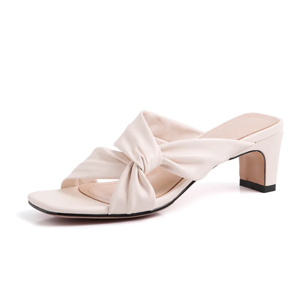 

Women's Slippers Leather Fabric 6CM Thick High Heel Open Toe Sandals Summer Fashion High Quality Handmade Women Shoes