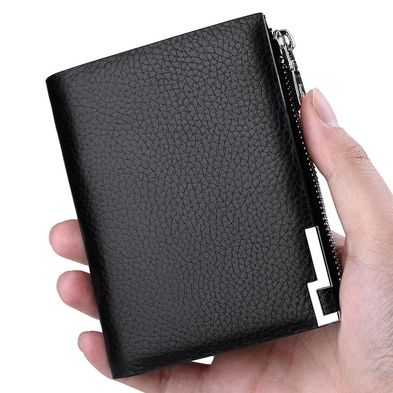 

Genuine Leather Multifunctional zipper pocket for men's short leather wallet thin men's wallet vertical top leather bag