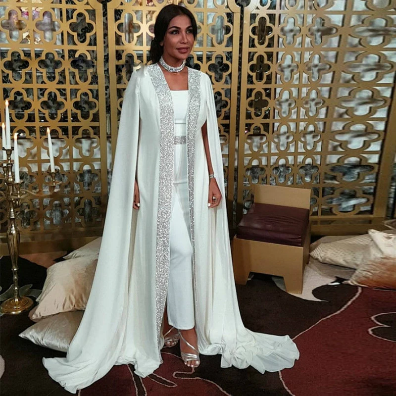 

Newest White Straight Ankle Length Abric Dubai Evening Dresses With Wrap Strapless Back Split Sequined Celebrity Gowns