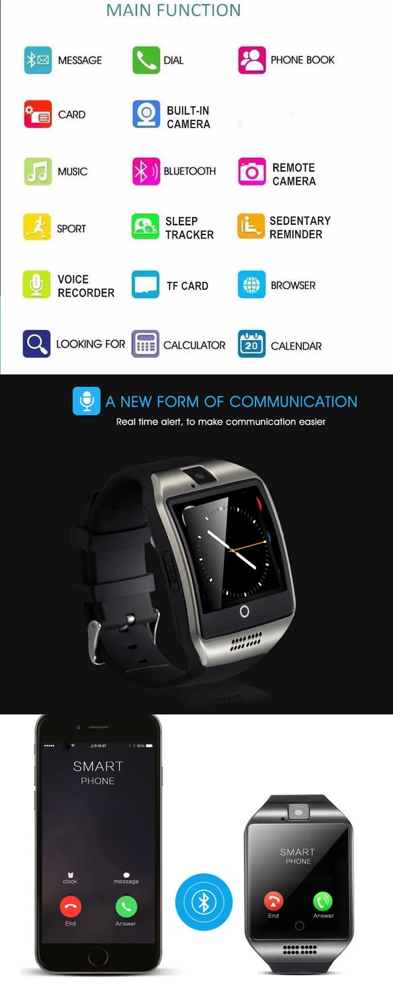 Smartch Bluetooth Смарт часы Q18 с камерой Facebook Whatsapp Twitter Синхронизация SMS Smartwatch поддержка SIM TF карты для IOS Android