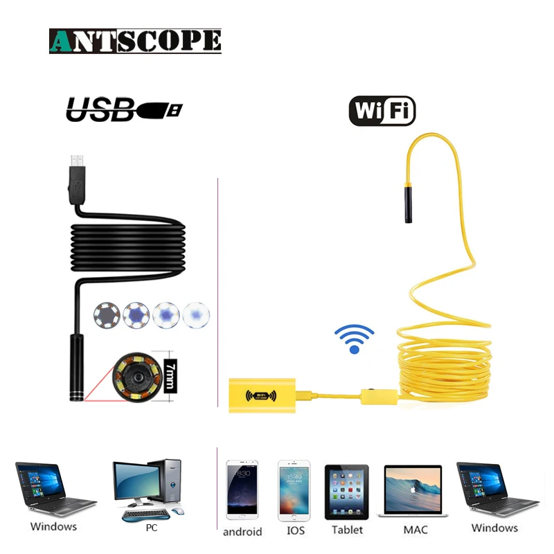 Goede Antscope Wifi 8mm Endoscoop 2 5 10 m Geel Hardwire 1200 p Android iOS Endoscopio 7mm USB Softwire Camera Inspectie boroscopio19