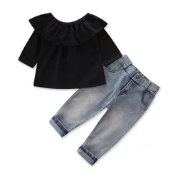 Комплекты одежды для девочек хлопок черный половина рукава Топы Корректирующие + ковбойские Брюки для девочек для маленьких девочек