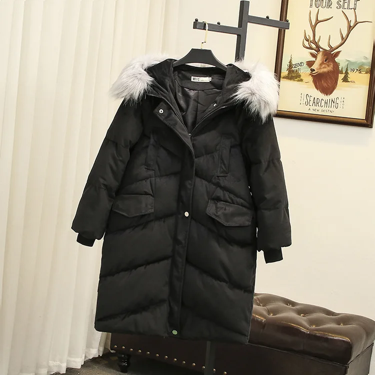 NXH/женская одежда очень большого размера 200 кг, зимняя куртка для девочек с большим воротником, Вельветовая длинная теплая плотная куртка с белым меховым воротником - Цвет: Черный