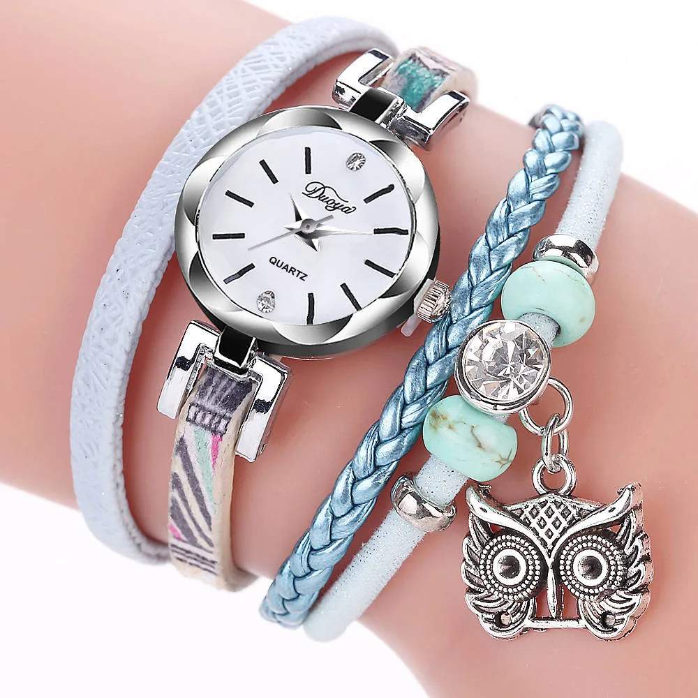 Женские наручные часы bayan kol saati из искусственной кожи, браслет с намоткой, кварцевые наручные часы в народном стиле с серебряной указкой в виде совы, женские часы