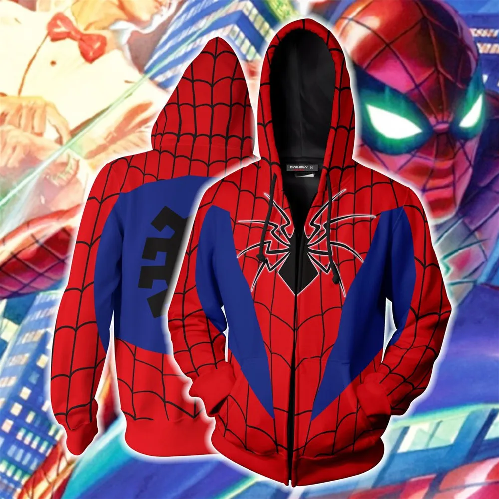 Косплей для взрослых и детей Питер Паркер Человек-паук: В-паук стих 3D печати кофты на молнии с капюшоном свитер Для мужчин Куртки