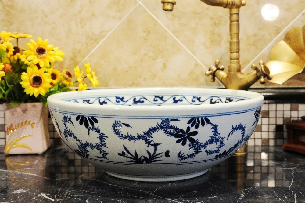 Bthroom Counter Top Wash Basin Cloakroom Hand Painted Vessel Sink bathroom sinks Blue and white bathroom wash hand basin (5)