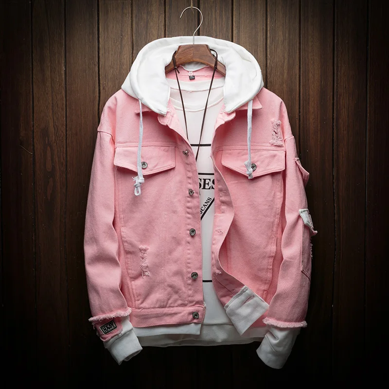 Men Autumn Hooded Denim Jackets Pink Jean Coats Good Quality Men