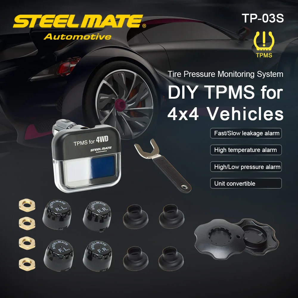 

Steelmate TP-03S TPMS Tire Pressure Monitoring System with Adjustable LCD Display Cigarette Plug 4 Valve-cap External Sensors