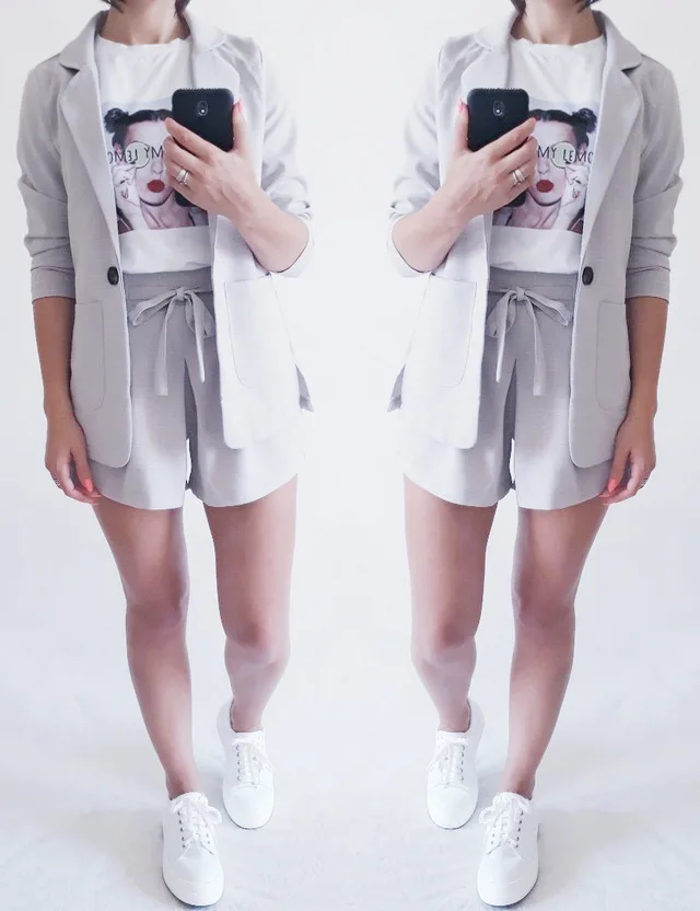 Cotton Linen Summer Suit Female 2 Pieces Set Tracksuit for Women Loose Blazer & Bow Elastic Waist Short Pant Suits