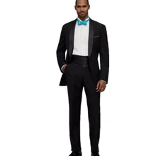High Quality One Button Black Groom Tuxedos Groomsmen Men’s Wedding Prom Suits Custom Made (Jacket+Pants+Girdle+Tie)