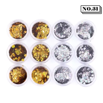 

12Boxes/Set Shiny Gold Silver Mixed Shape Nail Art Decorations 3d Tips Glitter Nail Sequin Moon Heart Rectangle DIY Manicure