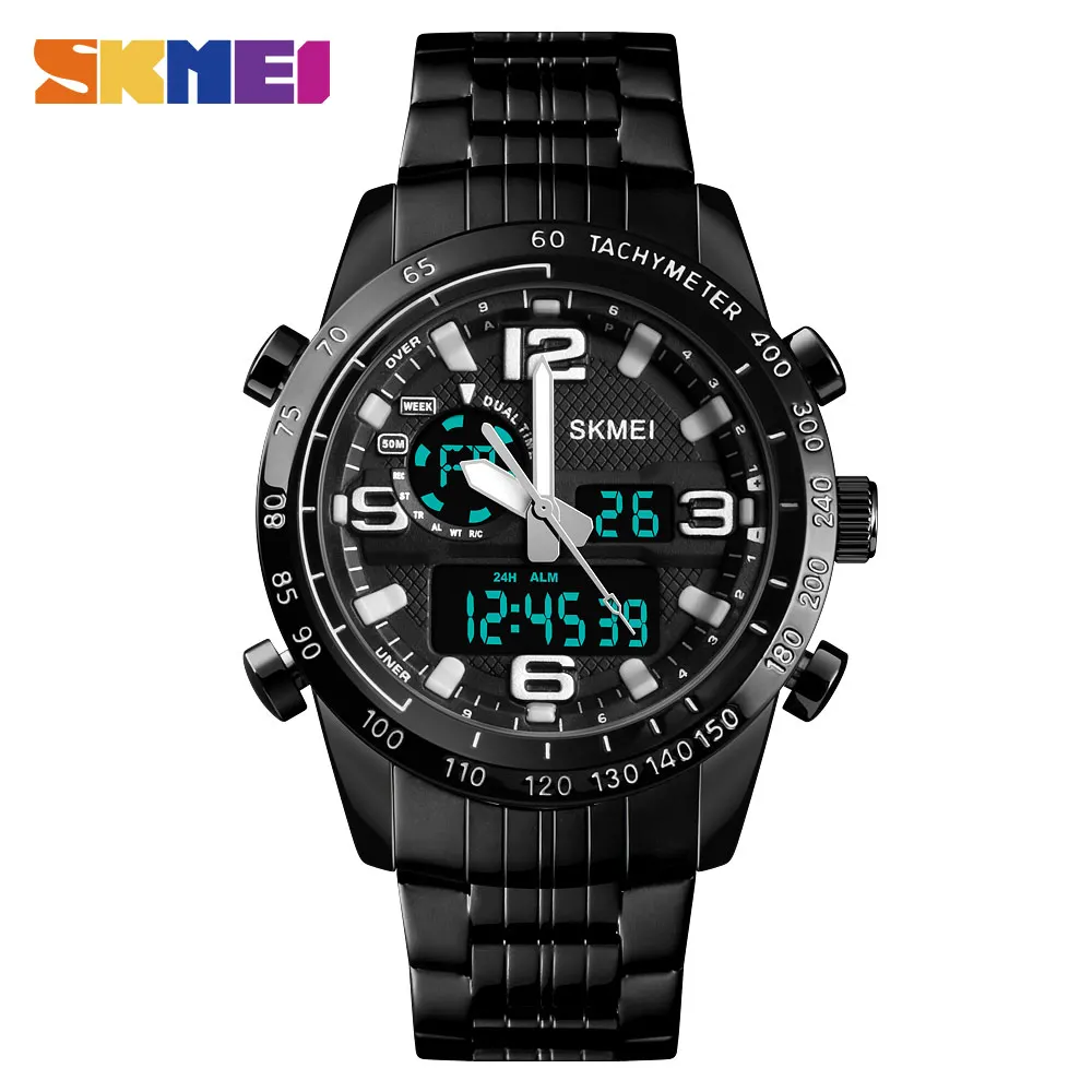 SKMEI Luxury Brand Watch Men Military Quartz Watches Steel Strap Waterproof Dual Display WristWatch