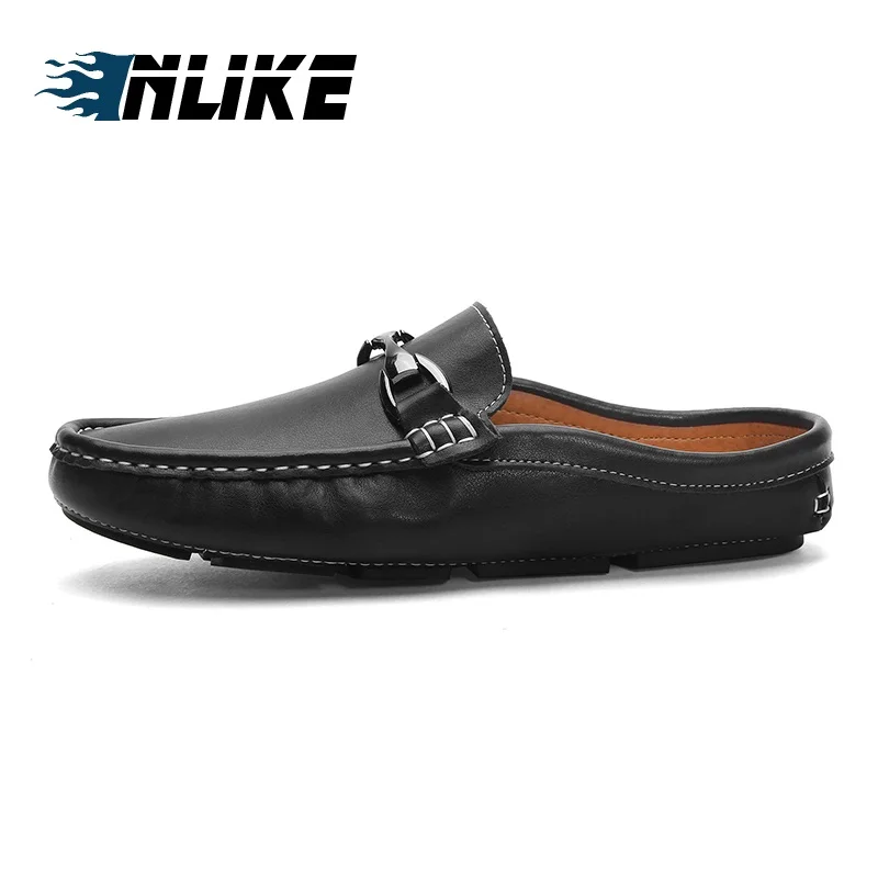 New Summer Men Flats Mules Slip on Genuine Leather Slides Shoes Man Soft Leather Casual Slipper - Цвет: Черный