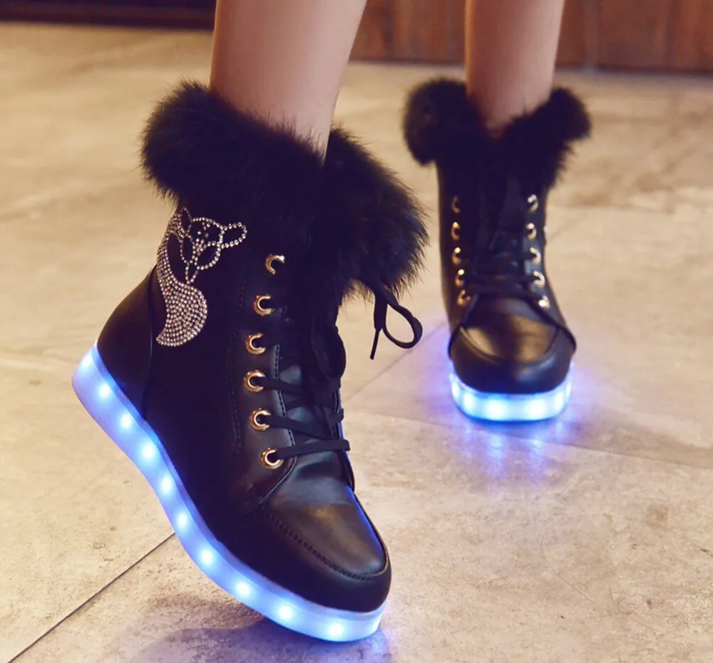 Winter Boots LED Shoes Black Light Up Shoes Luminous Women USB Charging