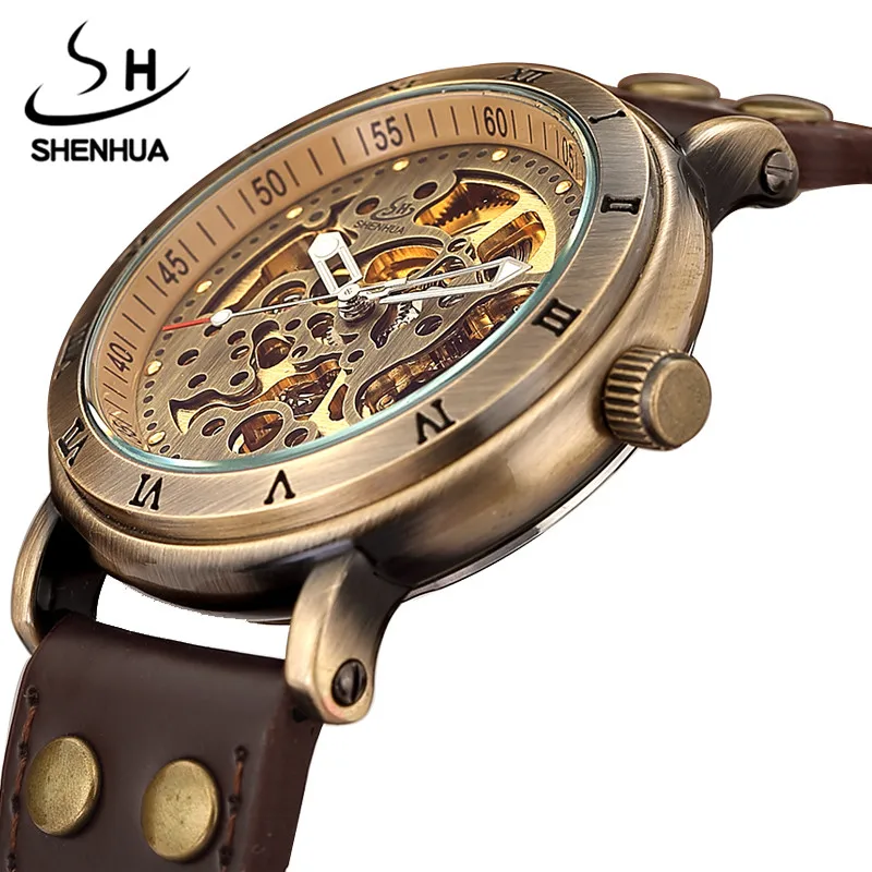 Vintage Hollow Bronze Skeleton Automatic Mechanical Watches Men's Steampunk Leather Brand Unique Self-wind Mechanical Wristwatch retro bronze bezel skeleton steampunk automatic watches mens sports clock luxury top brand vintage leather mechanical wristwatch