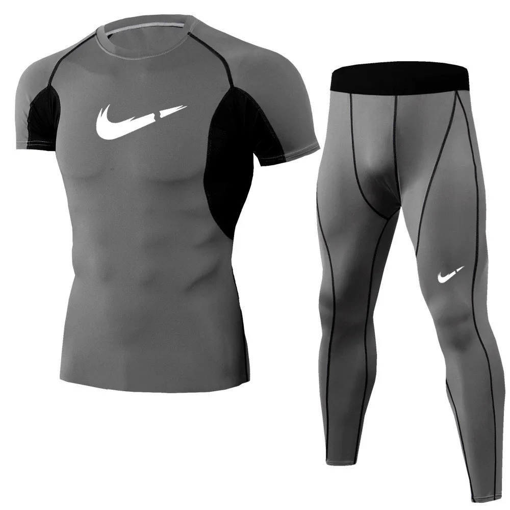 2019 Newest Brand clothing Fitness Compression Sets T Shirt Men Printed Crossfit Muscle Shirt Leggings Base Layer Tight Tops