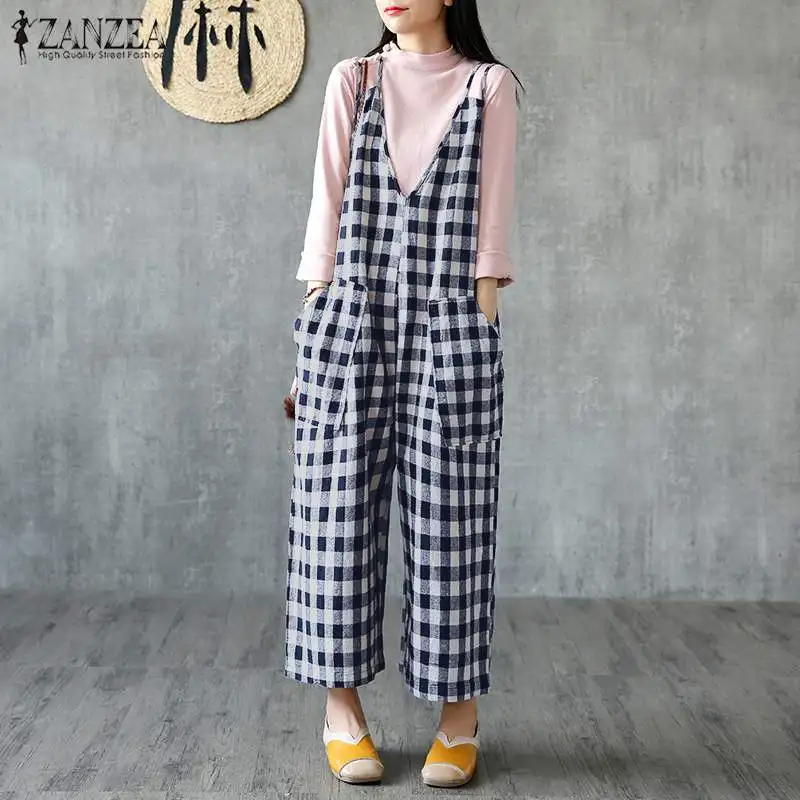 2020 ZANZEA Vintage Checked Overalls Women's Jumpsuits Casual Female Plaid Wide Leg Rompers Plus Size Pants Macacao Feminino 2020 ZANZEA Vintage Checked Overalls Women's Jumpsuits Casual Female Plaid Wide Leg Rompers Plus Size Pants Macacao Feminino