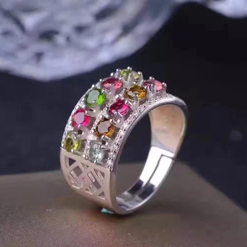 Чистого серебра 925 пробы широкое кольцо с турмалином 10 шт. натуральный цвет многоцветный Турмалин Кольцо Серебро Турмалин Кольцо