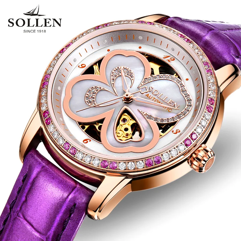 

SOLLEN Female Notes Rose Gold Automatic Self-Wind Mechanical Watches Women Genuine Leather Strap Skeleton Watch Fashion Ladies