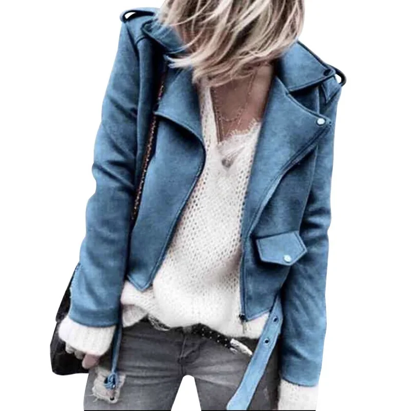 Mode Blue1 Veste Courte Casual 2018 blue2 Faux kaki En Cuir vert Hiver Daim Moto Laamei Automne De Manches rose Femmes Manteau Longues Vestes UqUzvnf8