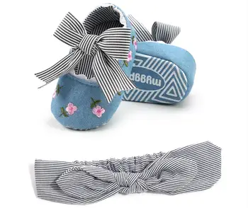 

2020 New 2pcs/set Fashion striped headband + Newborn Baby Girl Shoes Princess Cotton Bow Soft Sole Moccasins Girl First Walker