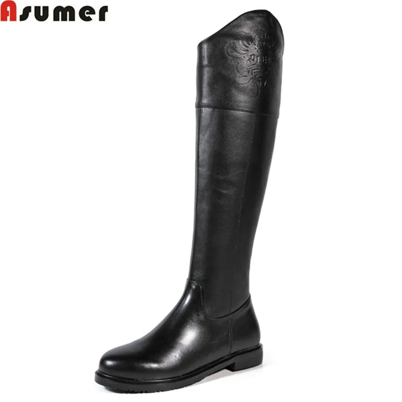 

new arrival 2016 fashion high quality women boots flat heel round toe shoes genuine leather solid black knee high boots