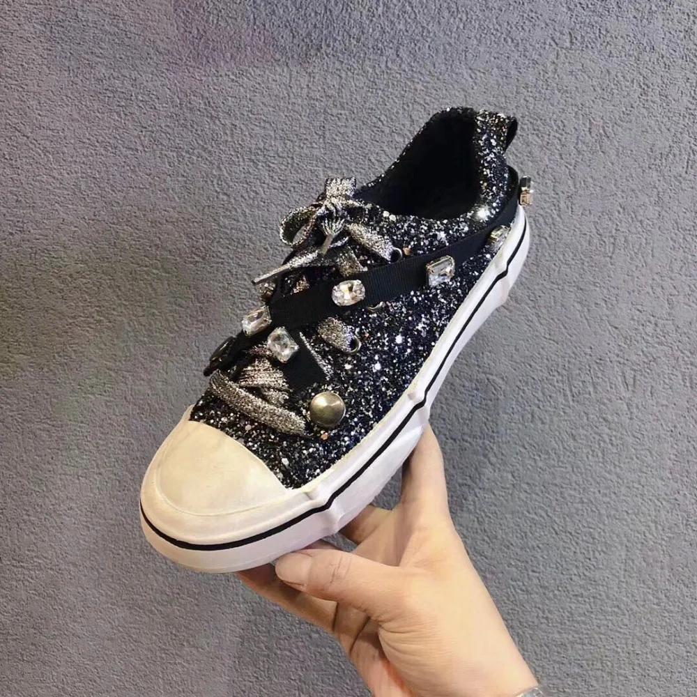 Белые туфли Женские блестящие кроссовки с кристаллами zapatillas mujer Новинка Сезон