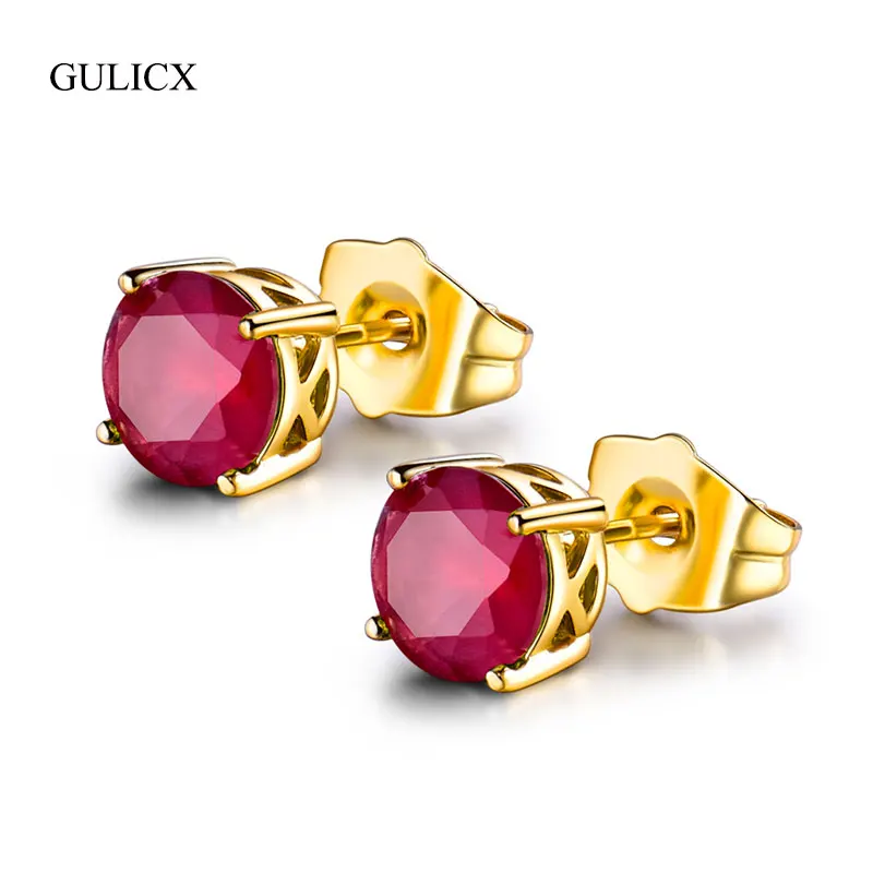 

GULICX Best Quality New Fashion Ladies Yellow Gold-color Earrings Red Rhinestone Wedding Stud Earrings For Women JewelryE030d