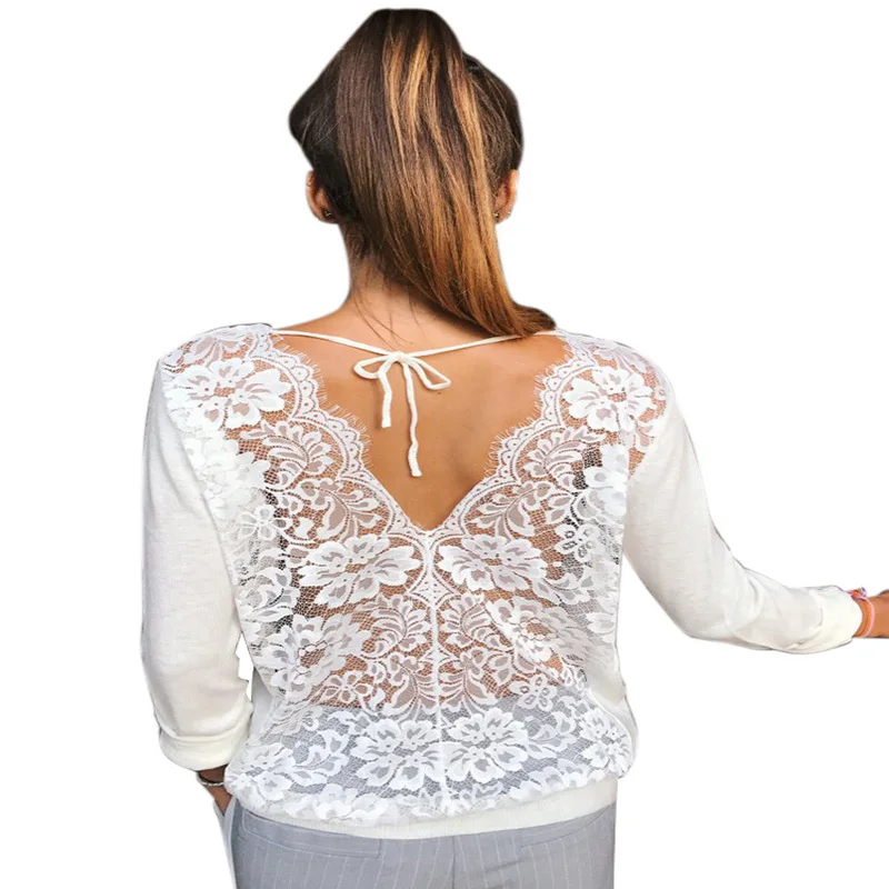 T-shirt Women Solid Lace Up Back Hollow Out Printi...