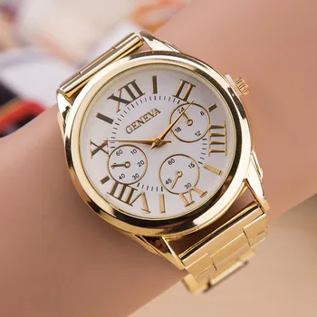 Evershine 3 Eyes Gold Geneva Casual Quartz Watch Women Stainless Steel Dress Watches