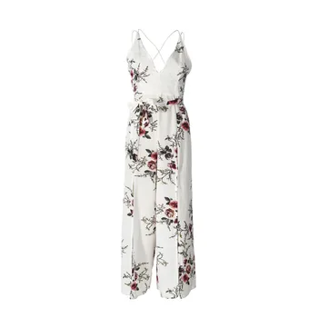 

Floral BOHO women loose jumpsuits fashion summer spaghetti strap V backless Wide leg jumpsuits 2018 Beach casual Split overalls