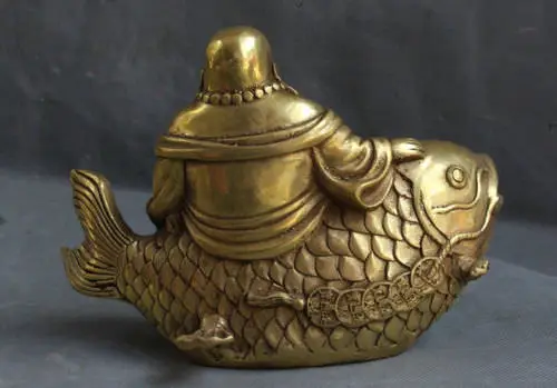 China Bronze Brass Yuan bao wealth Happy Laugh Maitreya Buddha Ride Fish Statue