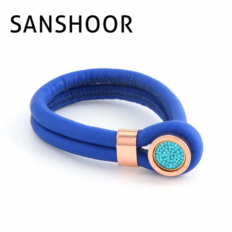 SANSHOOR Royalblue Cambio de cuero pulsera con 12mm cristal azul imán moneda para mujeres Regalo 1 piezas SANSHOOR Royalblue Cambio de cuero pulsera con 12mm cristal azul imán moneda para mujeres Regalo 1 piezas