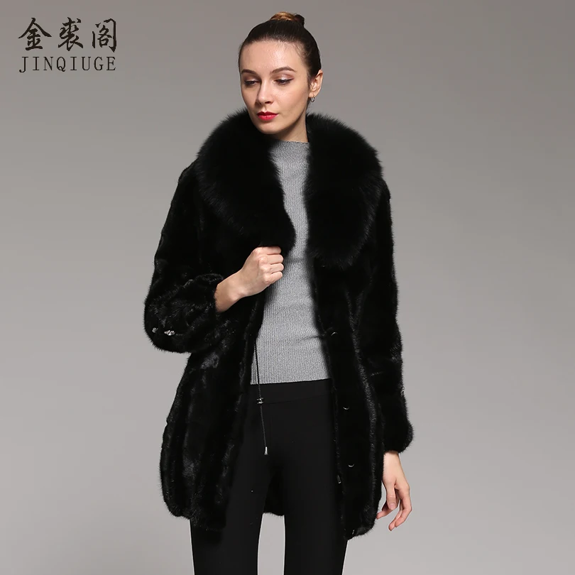 JINQIUGE Women's Winter Fur Coats Genuine Mink Fur Coats With Fox Fur