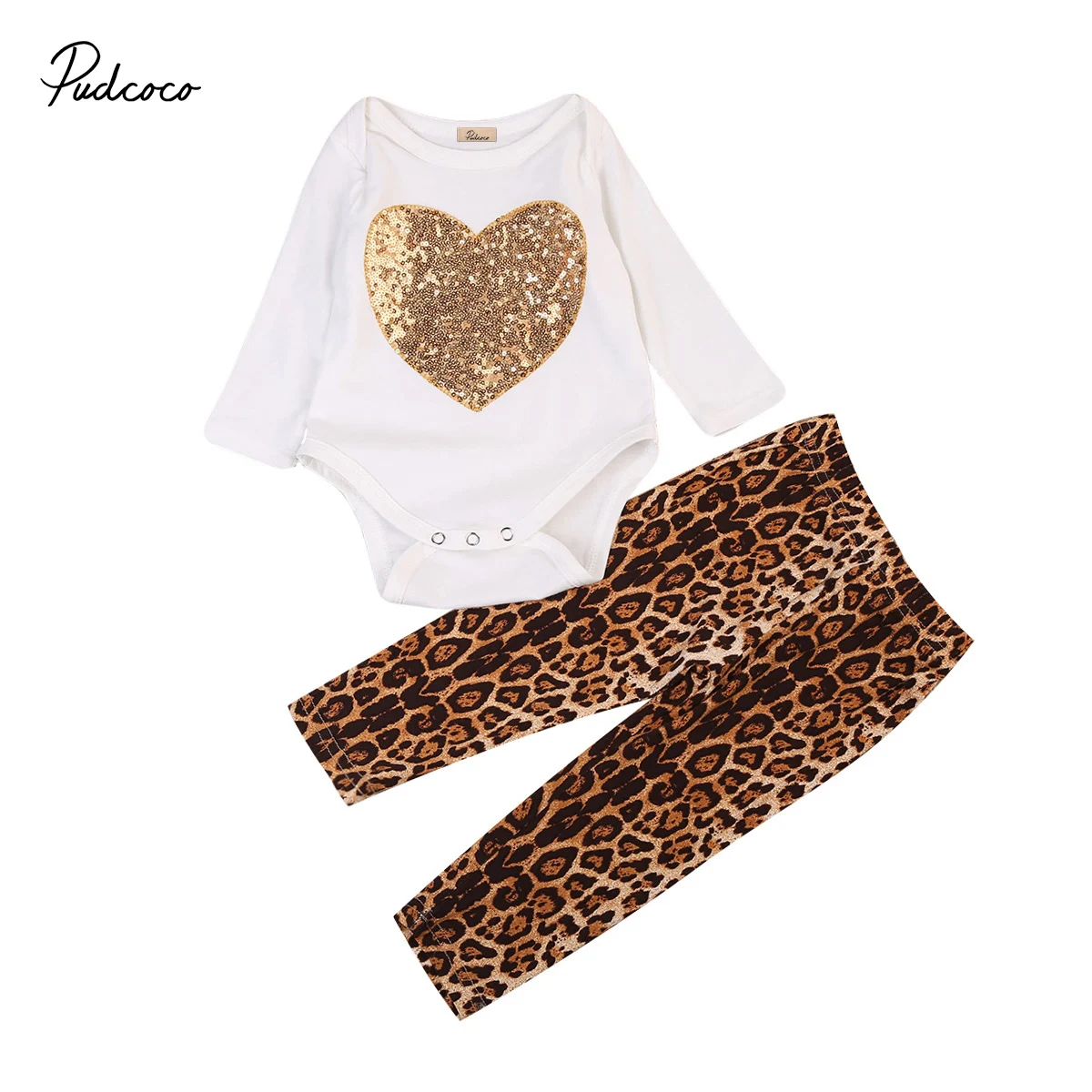 

2PCS Newborn Infant Baby Girls Long Sleeve Sequins Heart Romper Jumpsuit Leopard Pants Outfit Clothes Set