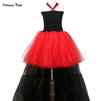 

Train Tail Tutu Dress Girl Red&Black Tulle Girl Dresses Cosplay Rockstar Queen Halloween Costume For Kids Evening Party Dresses