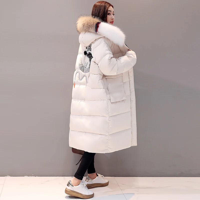 Длинный женский пуховик, зимние куртки для женщин, большой меховой воротник, пуховик, пальто, женское плотное теплое пальто с капюшоном, белое пуховое пальто