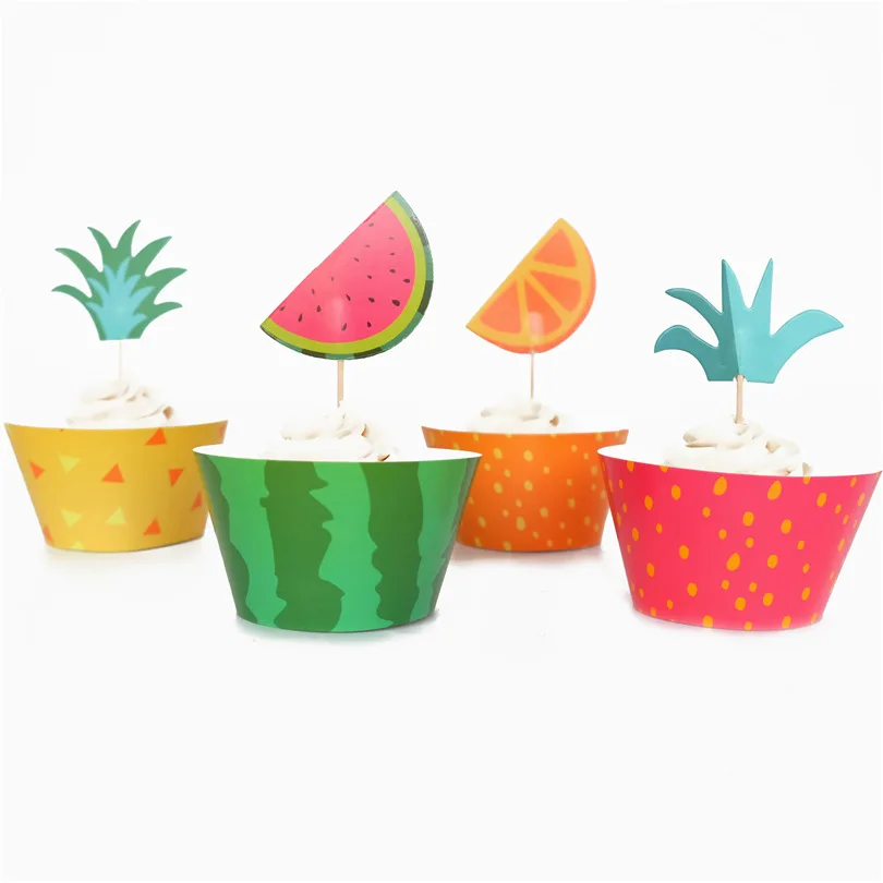 

24 pcs/lot Fruit Theme Birthday Party Decorations Happy Baby Shower Watermelon Cake Toppers Cupcake Wrappers Events Party Suppli
