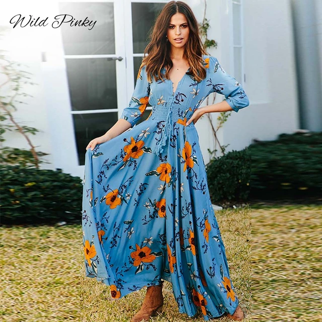 2022 Summer Floral Print Puff Sleeve Robe Gypsy Hippie Dress Vestidos Plus  Size V Neck Boho Maxi Dresses Women Vintage - AliExpress