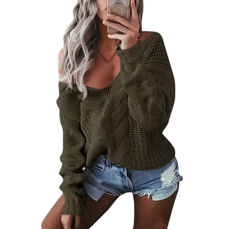 SHUJIN Sweaters Ladies Sexy Off Shoulder Long Sleeve Knitted Sweaters
