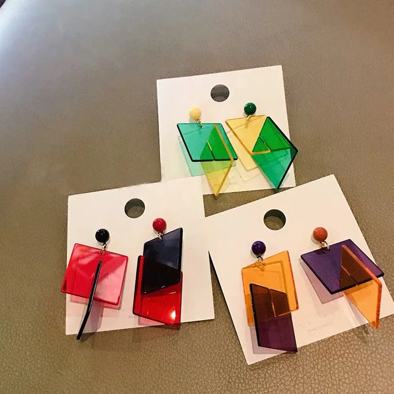 

MENGJIQIAO 2019 New Exaggerate Colorful Acrylic Square Drop Earrings For Women Bijoux Geometric Holiday Pendientes Mujer Moda