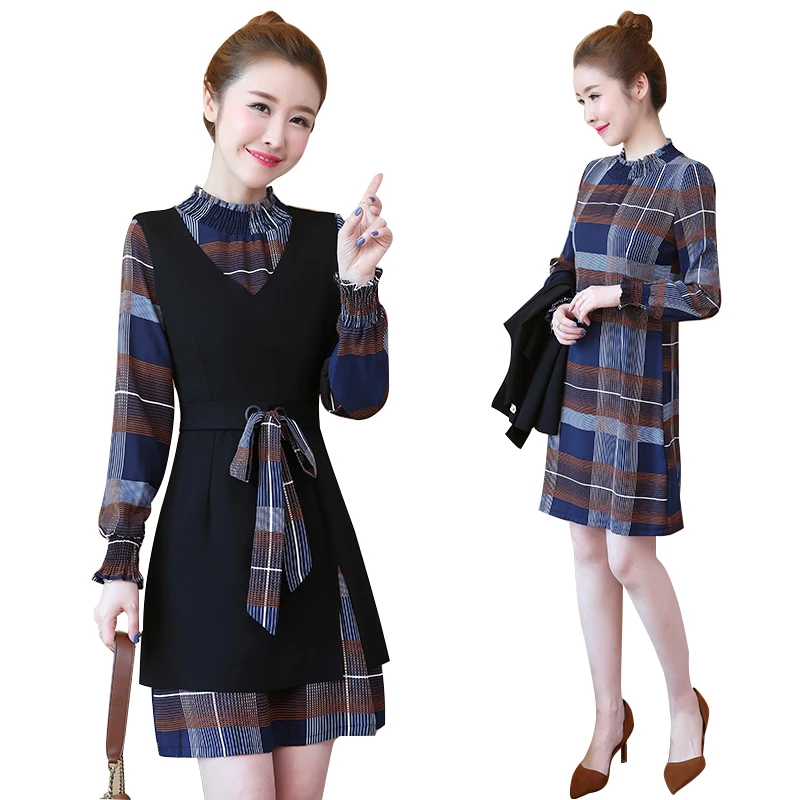 

2019 New Large Size Spring Autumn Women's Shirt Dress Fashion Loose Ladies Long Sleeve Slim Dress Fashion Two Pieces Mini Dress