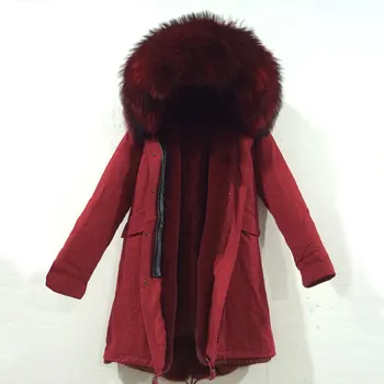 

comfortable all red long jacket faux fur inside with large raccoon fur collar hood parka coat free shipping