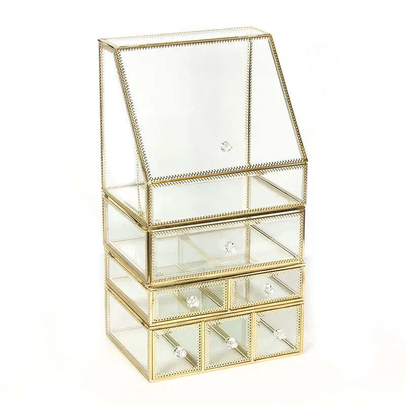 Luxury Glass Cosmetic Storage Box Drawers Makeup Organizer Desktop Cotton Swab Lipstick Holder Make Up Organizer Girl Gift