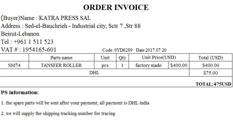 

invoice SM74 roller order