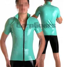 Мужская синяя футболка из латекса с коротким рукавом резиновый Фетиш экзотика майки с молнией спереди