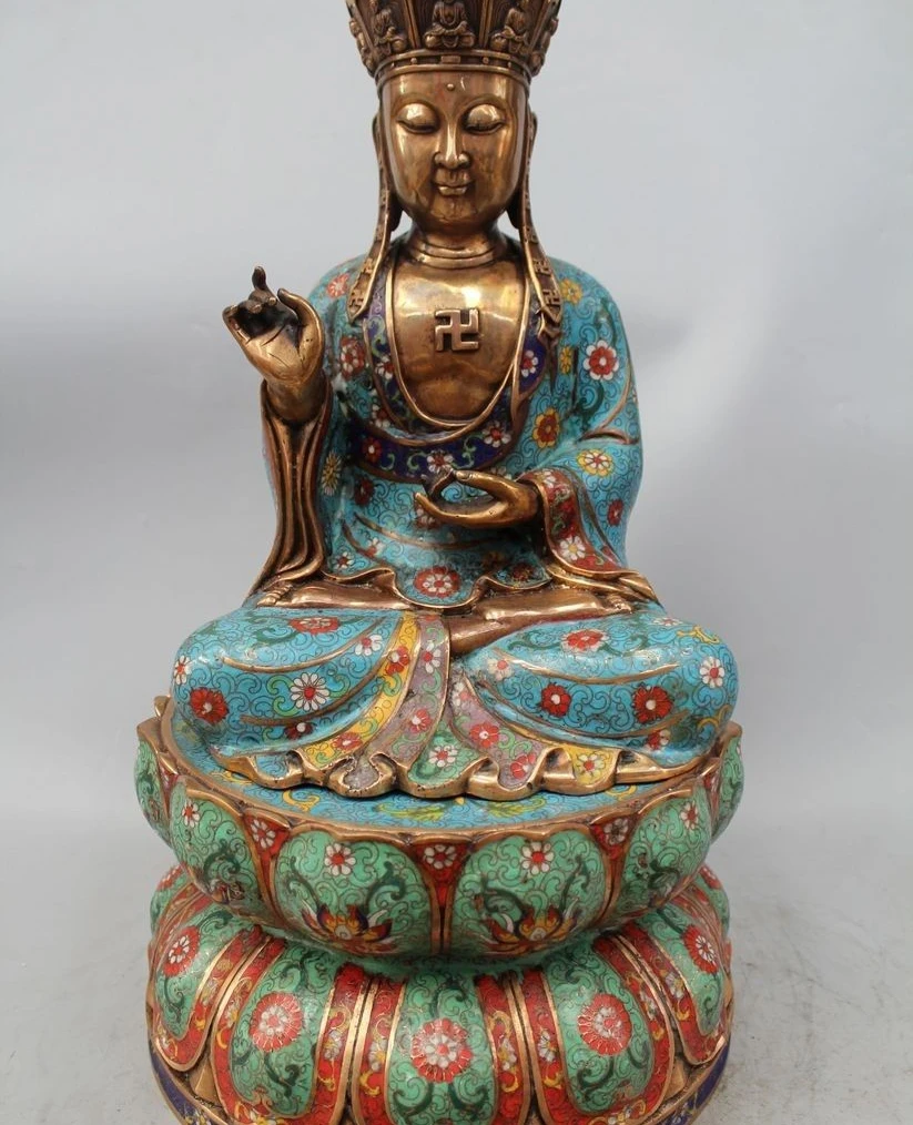 

21" Chinese Cloisonne Bronze Gild TangSeng Kshitigarbha Buddha Lotus Seat Statue