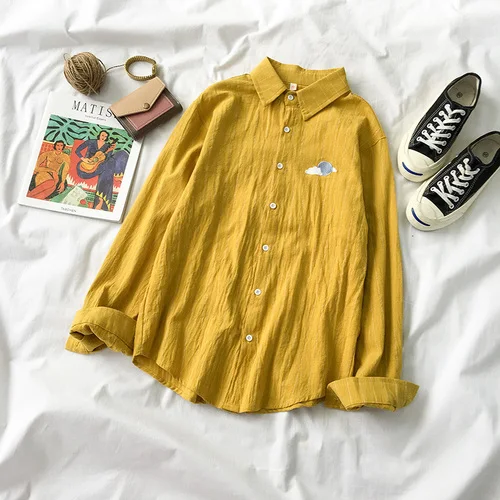 Уличные забавные повседневные полосатые женские блузки в винтажном стиле Харадзюку с вышивкой Луны, рубашки на пуговицах с длинным рукавом, топы с передними карманами - Цвет: Цвет: желтый