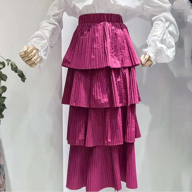 

Sweet Spring Ruffles Skirts Women Summer knee-length high waist Layers Cake pleated Skirt
