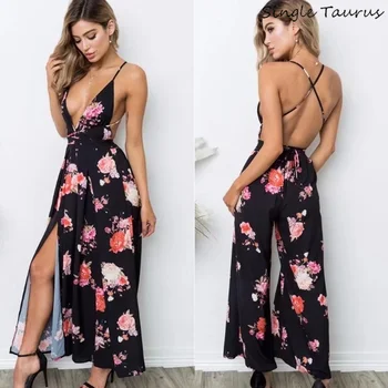 

Strappy Bandage Jumpsuits Women Deep V Neck Spaghetti Strap Summer Blackless Sexy Jumpsuit Prom Gown Beach Overall Vestidos